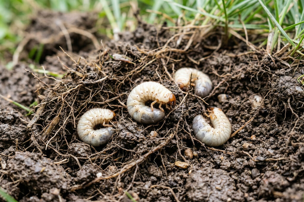 White grub larvae curled in C-shape feeding on grass roots in soil showing common lawn pest that causes brown patches in Davis County Utah lawns