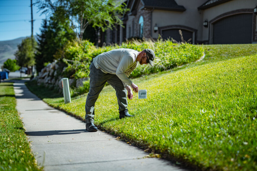 A lawn care technician bending down to place a small sign into a neatly maintained sloped green lawn beside a sidewalk.