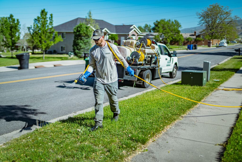 A lawn care technician sprays a narrow grass strip along a residential street beside a service truck.