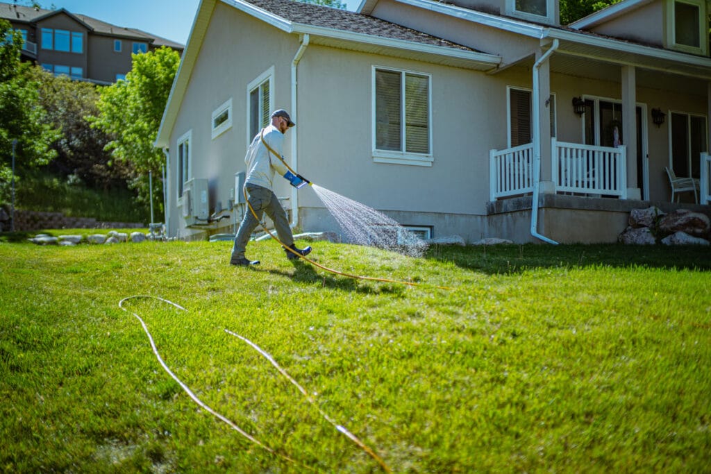 A lawn care technician sprays treatment across a lush green yard beside a residential home.