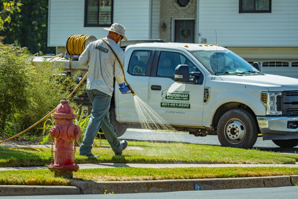 A lawn care technician sprays treatment from a hose while walking past a red fire hydrant on a residential street.