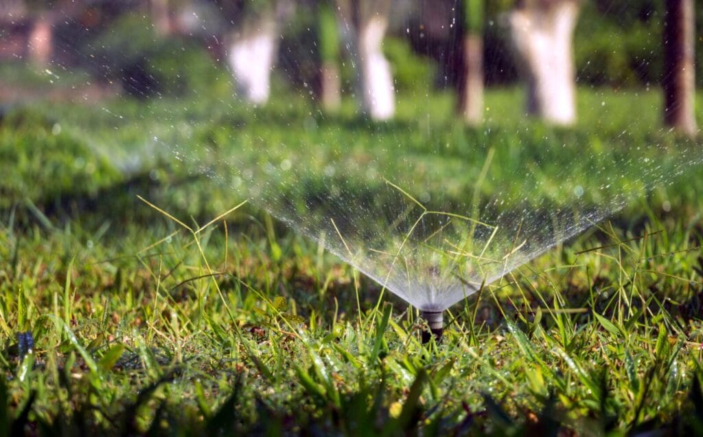 Lawn sprinkler spraying an arc of water over green grass, the same watering step that moves lawn fertilizer down into the soil.